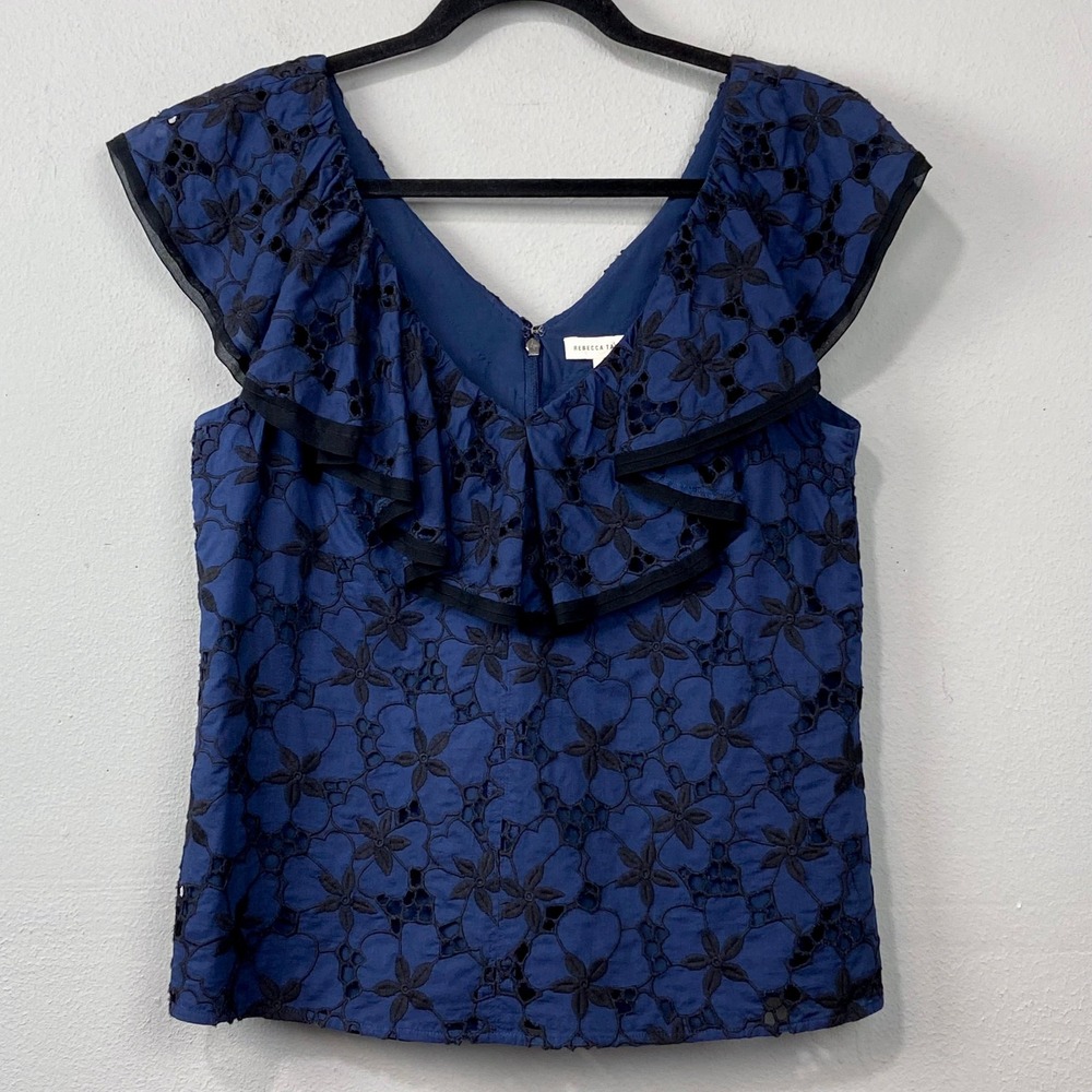 Rebecca Taylor‎ Floral Lace Top Size 10 Navy Blue Ruffle Eyelet Romantic Boho